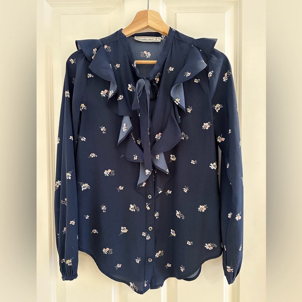 Navy blue floral button-up blouse